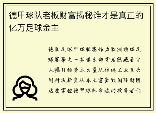 德甲球队老板财富揭秘谁才是真正的亿万足球金主